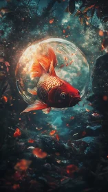 Majestic goldfish drifts through glowing underwater sphere.