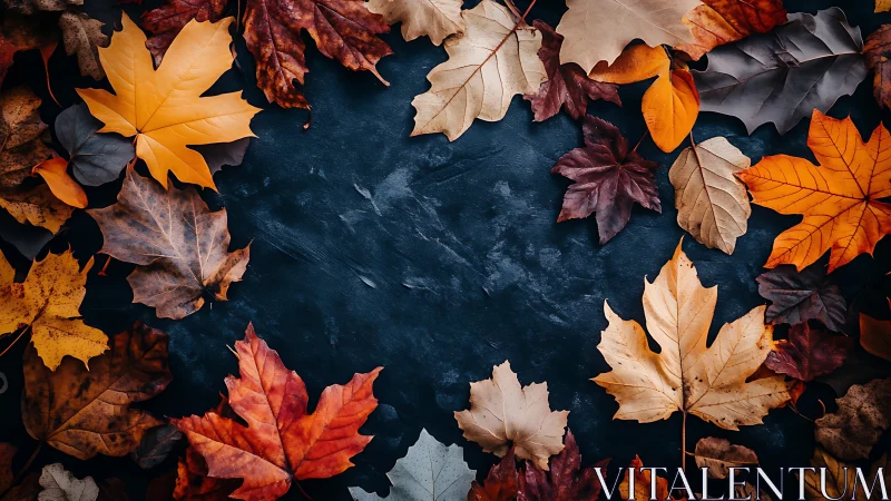 Autumn maple leaves frame on dark textured stone background.
