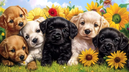 High-saturation digital portrait of six puppies amid sunflowers