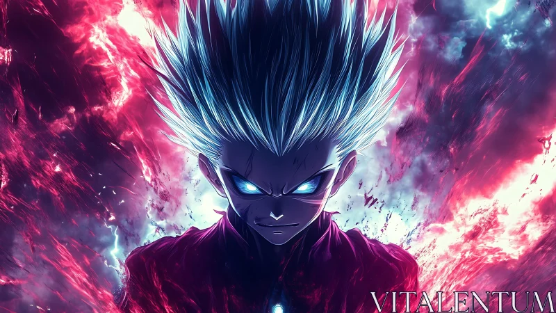 Storm-lit anime warrior glowing with fierce cosmic power.