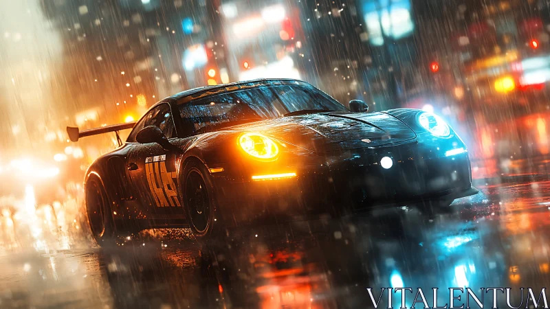 Midnight racer gliding through neon city rainstorm streets.