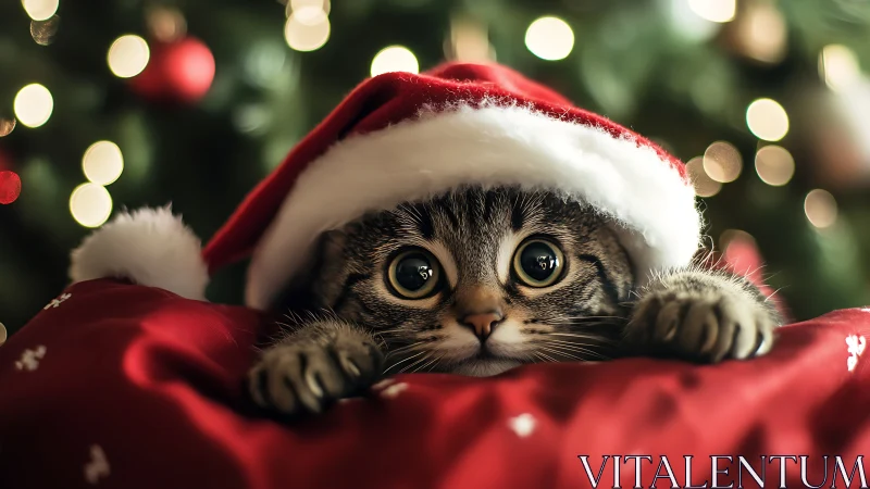 Wide-eyed Christmas kitten peers out from Santa hat pillow.