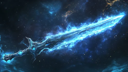 Starlit energy sword glows brightly against the cosmic sky