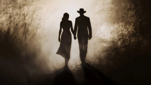 Silhouetted couple walking hand in hand through soft misty light.