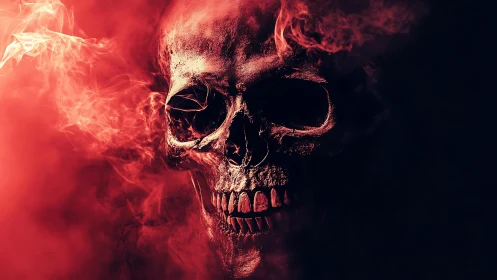Burning red human skull emerges from smoke in low key lighting