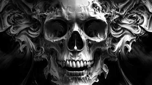 Swirling monochrome skull emerges from chaotic liquid shadow