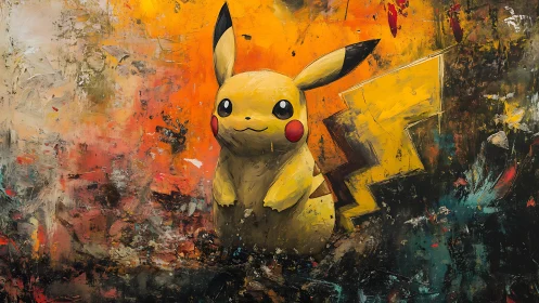 Pikachu character amid abstract textured orange field.