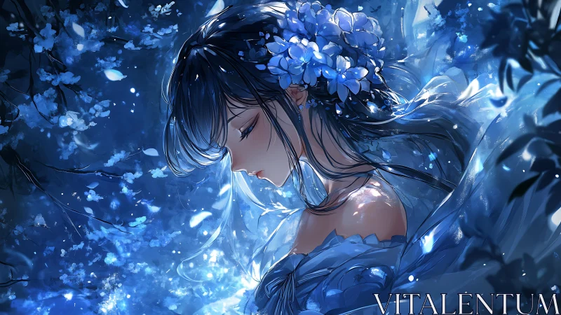 Profile view of blue-clad girl with floral headpiece in light