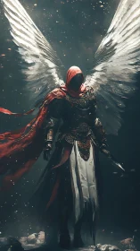 Winged crimson-hooded warrior angel in ornate battle armor.