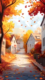 Golden autumn neighborhood glows under swirling leaves