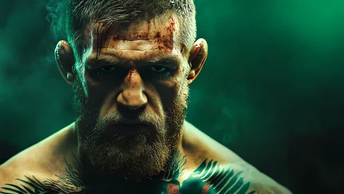 Battle-worn fighter framed in dramatic green light.