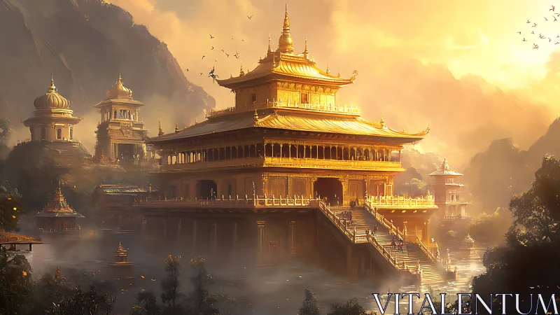 Golden mountain temple glows like sunrise caught in stone