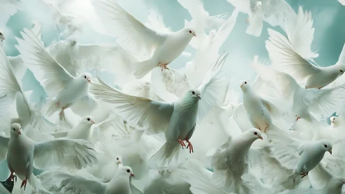 Graceful white doves in flight, ethereal and serene atmosphere.