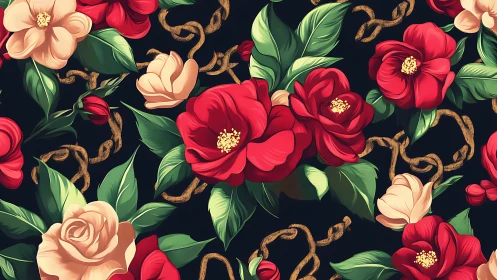Baroque Blooms Dance: Red Roses & Gilt Ribbons Swirl Dark.
