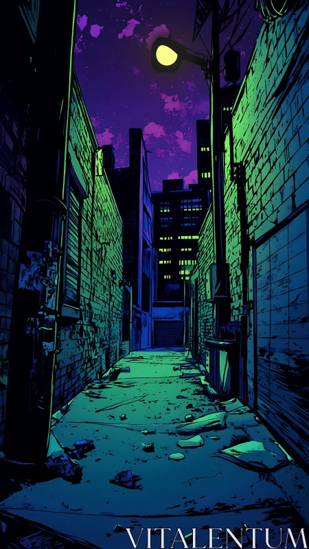 Neon-lit urban alleyway rendered in high-contrast cyber-noir ink
