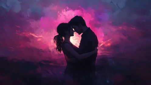 Silhouetted Couple Embracing in Vibrant Magenta Nebula.