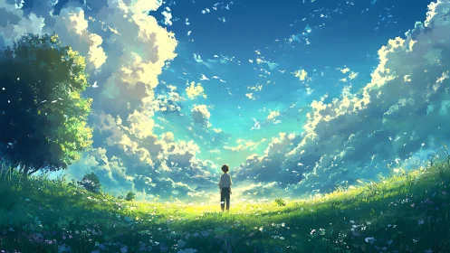 Solitary figure studies luminous sky over lush meadow.