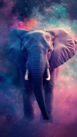 Elephant rendered in colorful cosmic nebula environment.
