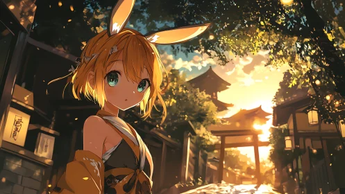 Sunlit shrine street with fox-eared girl in anime rendering.