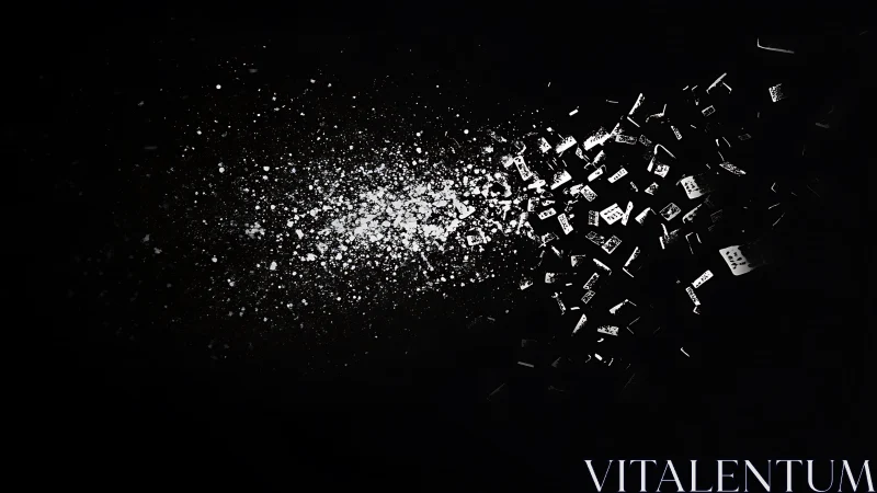 Exploding domino tiles scatter into a stark cosmic void.