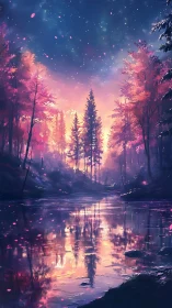 Enchanted river forest under glowing twilight sky.