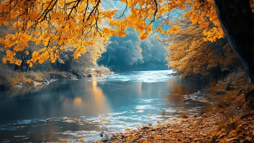 Golden autumn river bends under dense glowing foliage