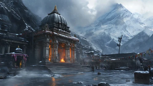 Digital painting of Himalayan mountain temple in monsoon light.