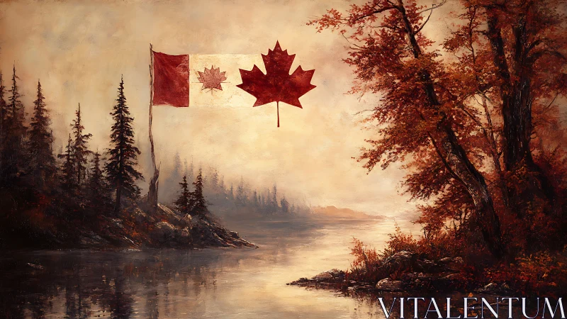 Canadian flag displayed above autumnal river landscape