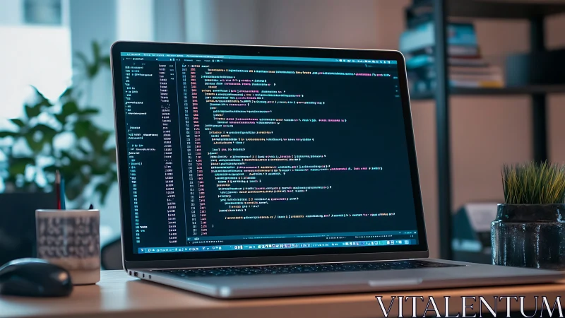 Laptop displaying structured source code in modern workspace.