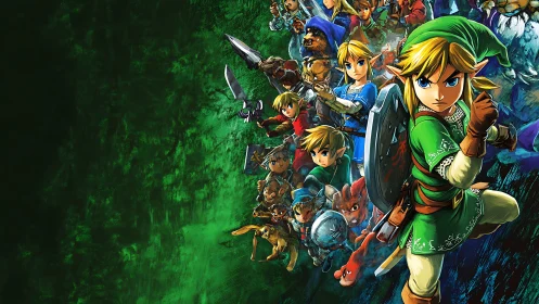 Multiple sword-bearing fantasy heroes on textured green field.