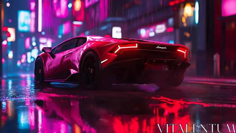 Neon-illuminated supercar in rain-soaked urban streetscape.