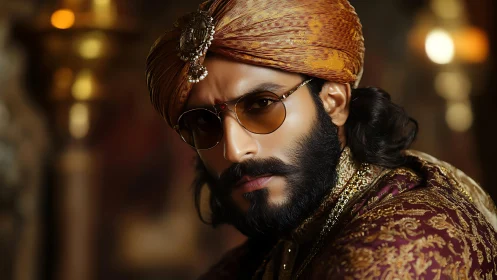 Regal bearded man in jeweled turban and tinted glasses