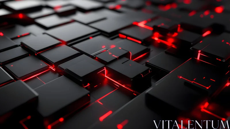 Futuristic black cubes with glowing red neon lights, digital art.