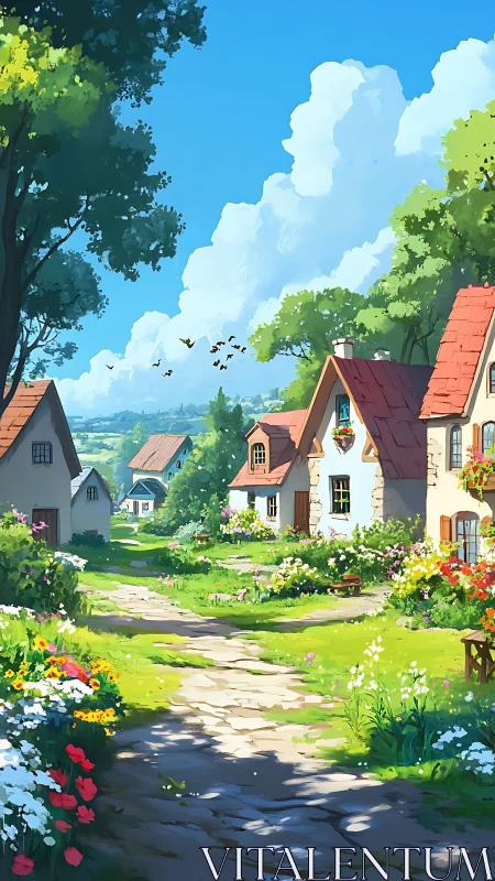 Sunlit cottages whisper along a flower-dusted country lane