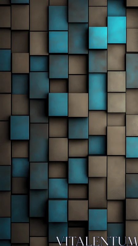 3D teal and brown stacked squares forming geometric wall.