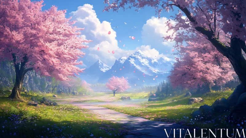 Cherry blossom valley with distant snow covered mountains.