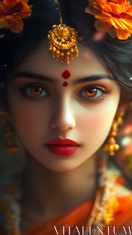 Digital painting portrait with luminous Hindu bridal styling.