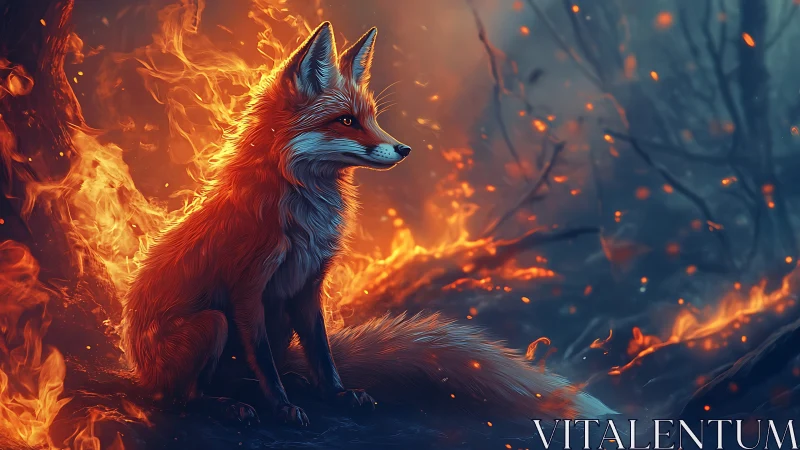 Firelit fox sentinel guarding an ember-bright twilight forest.