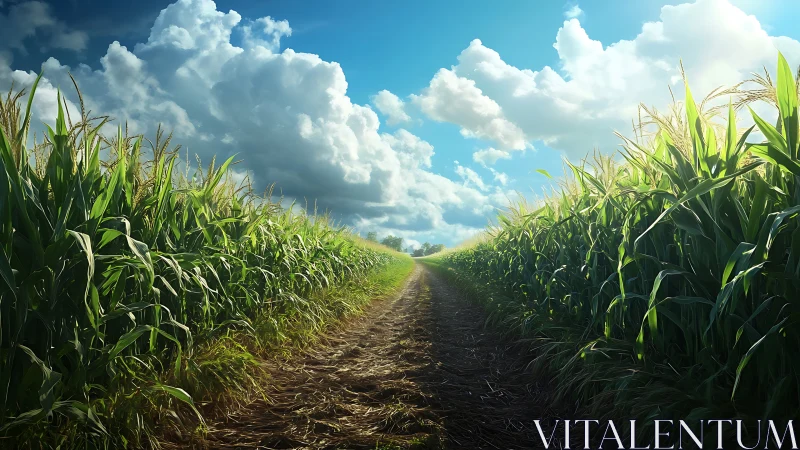 Straight farm track between tall green cornfields under sky.