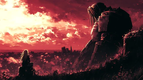 Human figure and armored giant overlooking distant cityscape.