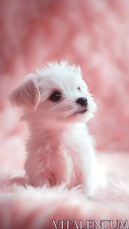 High-key portrait of white toy dog on diffuse pink fur field.