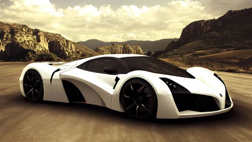 Futuristic white sports car is rendered on a mountain road