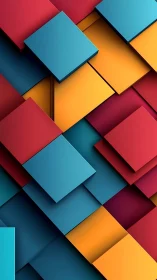 Geometric layered rectangles in bold cyan, red, yellow.