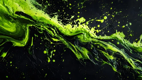 Vivid Neon Green Paint Splash on Black Abstract Background.