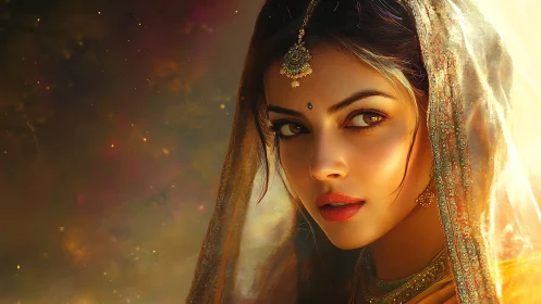 Digital portrait of veiled woman under warm cinematic backlight