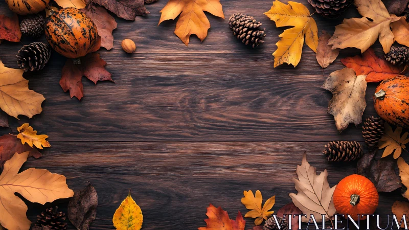 Photorealistic autumn harvest frame on rustic wood table.