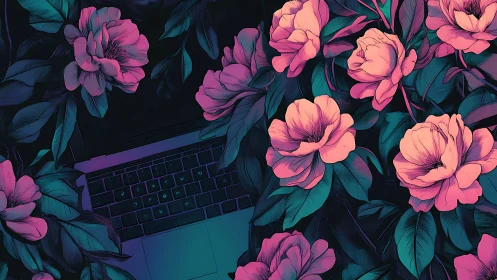 Neon peonies spill over a midnight laptop garden dreamscape.