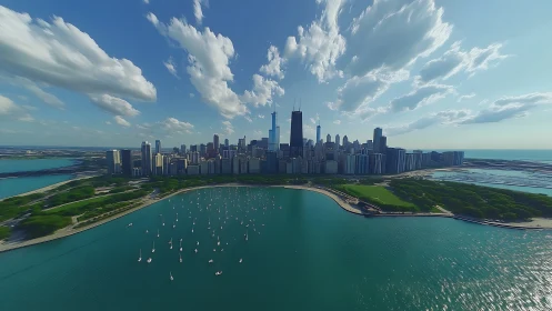 Skyscrapers lean into lake winds while sailboats stitch sunlight