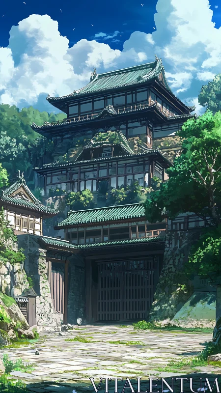 Sunlit mountain temple gate under towering summer clouds.