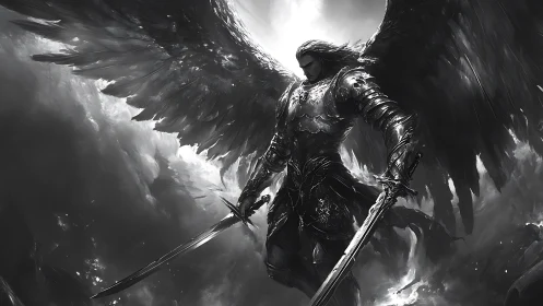 Armored winged warrior stands in clouds holding two swords